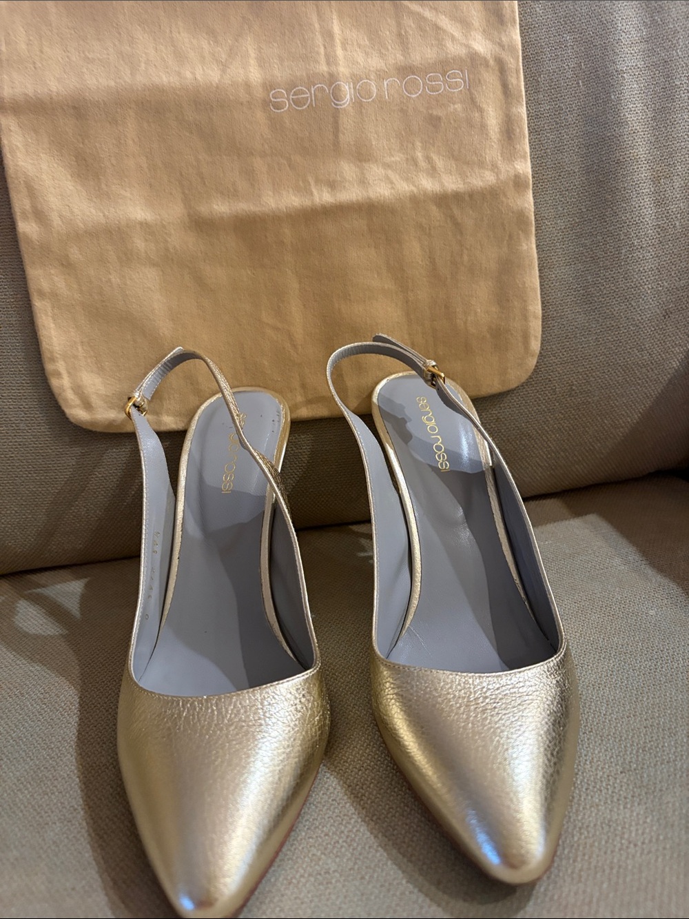 Sergio Rossi Metallic Gold Leather Pointed Slingback Flats